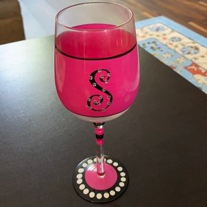 Stemmed Pink and Black “S” Initial Wine Glass